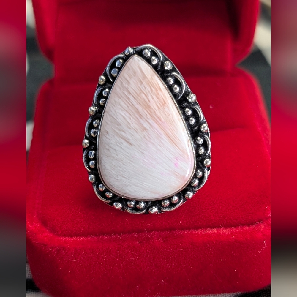 Vintage Handmade Genuine Scolecite Teardrop Ring 💍 In Sterling Silver Size 9